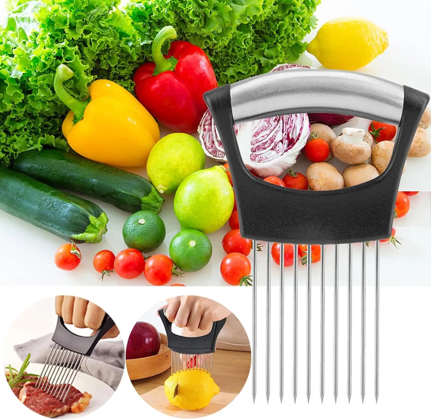1pc Stainless Steel Onion Slicer Holder, Multipurpose Meat Tenderizers, Vegetable Potato Tomato Lemon Cutting Tool, Full Grip Ha