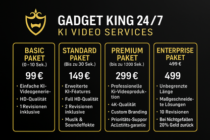 Gadget King 24/7 KI Video Services Preisliste mit Geld-zurück-Garantie